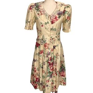 Maggie Lawrence Dress Women 5/6 Beige Multi Floral Lace Prairie Cottage 80s USA